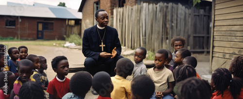 Black African pastor or priest preaching in village outside to group of poor looking children. Generative AI