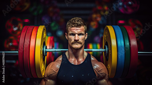 Weightlifter preparing to lift intense concentration colorful gym setting