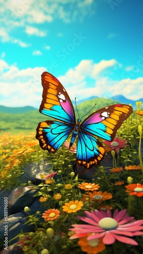 A 3d abstraction butterfly in a peaceful meadow, its wings echoing the colors of the surrounding nature.