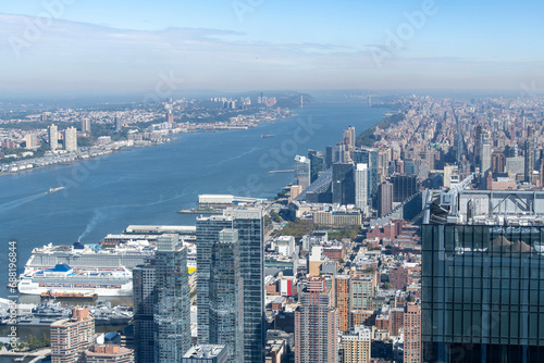 Panoramic view over Hudson River in northerly direction with skyline of Manhattan, New York City, USA with upper West and East Side, Harlem and New Jersey and George Washington bridge in background photo