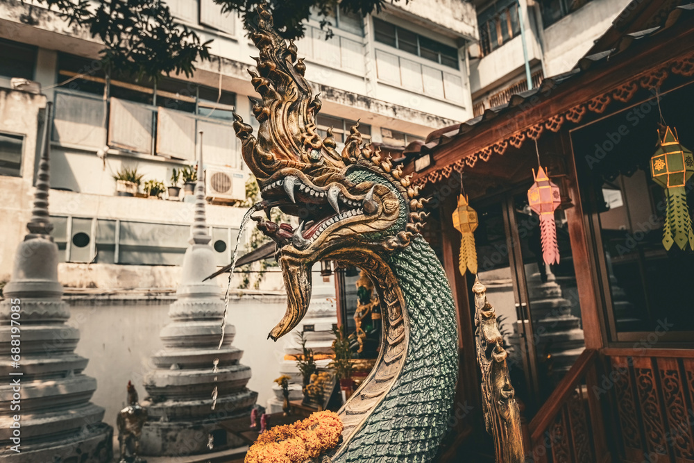 Obraz premium Dragon head decoration at Wat Chakrawatrachawat Woramahawihan (Wat Sam Pluem) Crocodile Temple in Bangkok Thailand