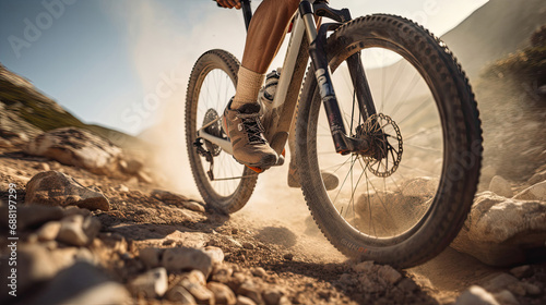 Biker's feet and legs in action detailed trail and bike components