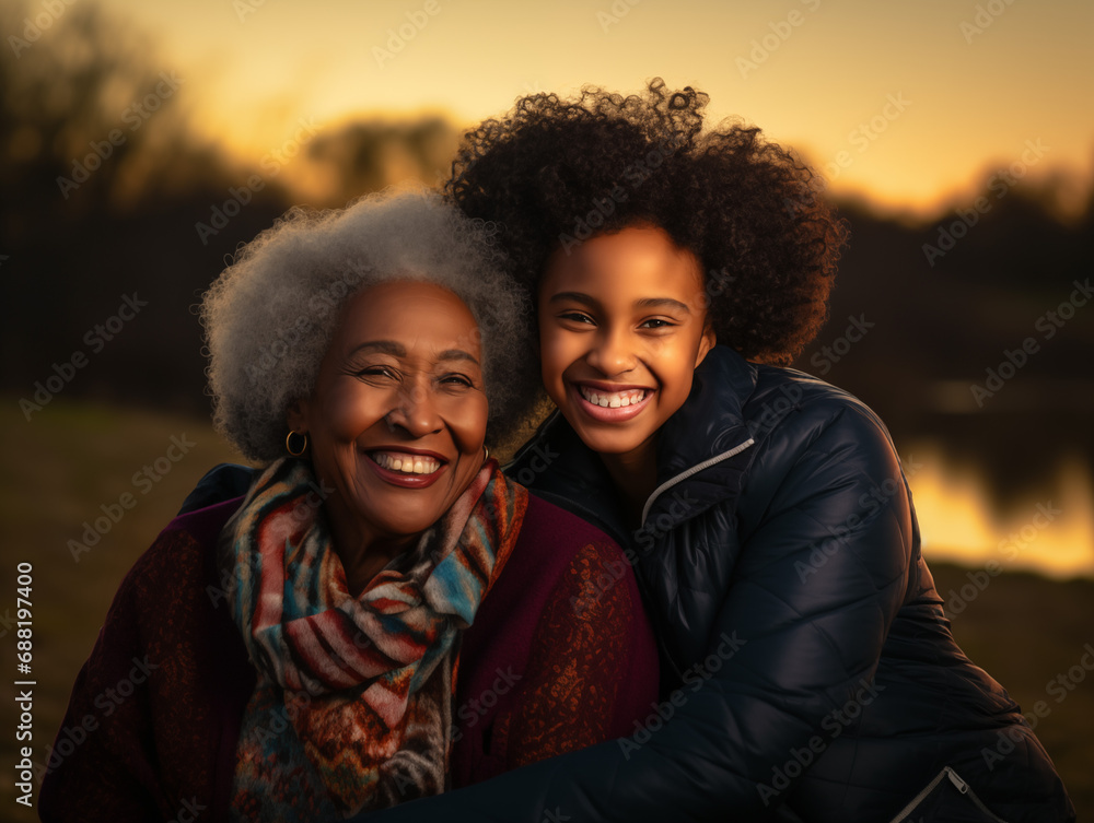 black grandmother with black granddaughter on the street, sunny weather. black grandmother with black granddaughter on the street, sunny weather.
