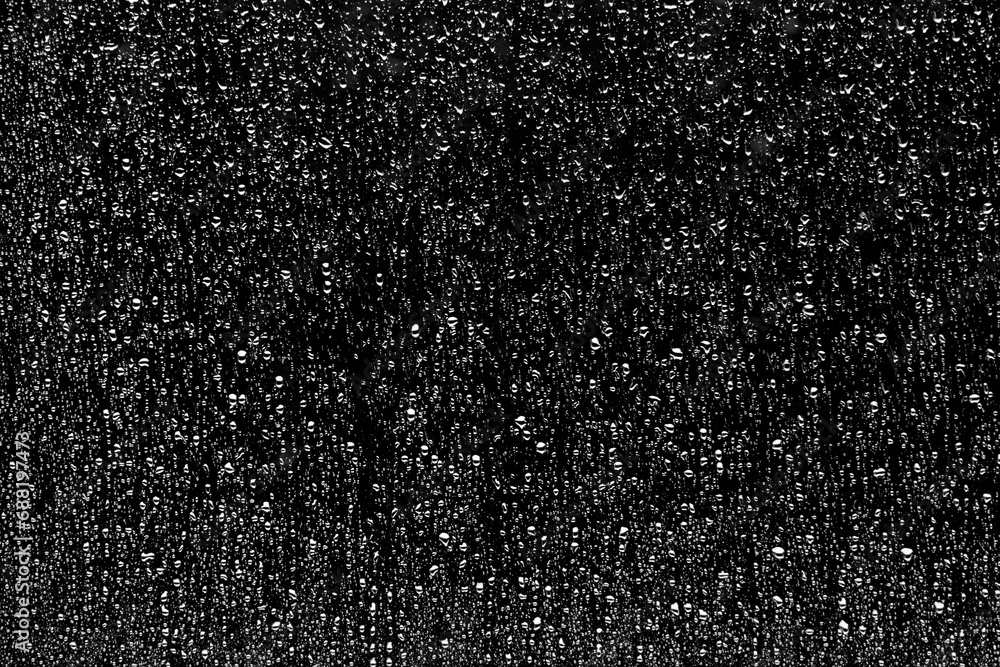 Texture of rain drops on a window on black background for surface imperfections in computer graphics materials - obrazy, fototapety, plakaty 