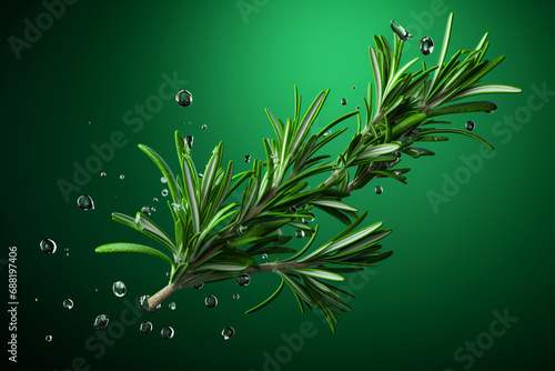 Green rosemary sprig under water with green light  with space for text.generative ai