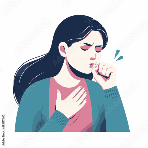 woman coughing holds chest vector illustrations on white background