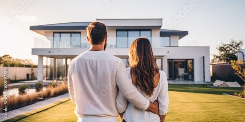 Young couple in front of their new modern home. Back view