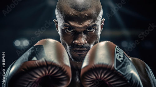 Boxer in defensive stance close-up on determined face and gloves