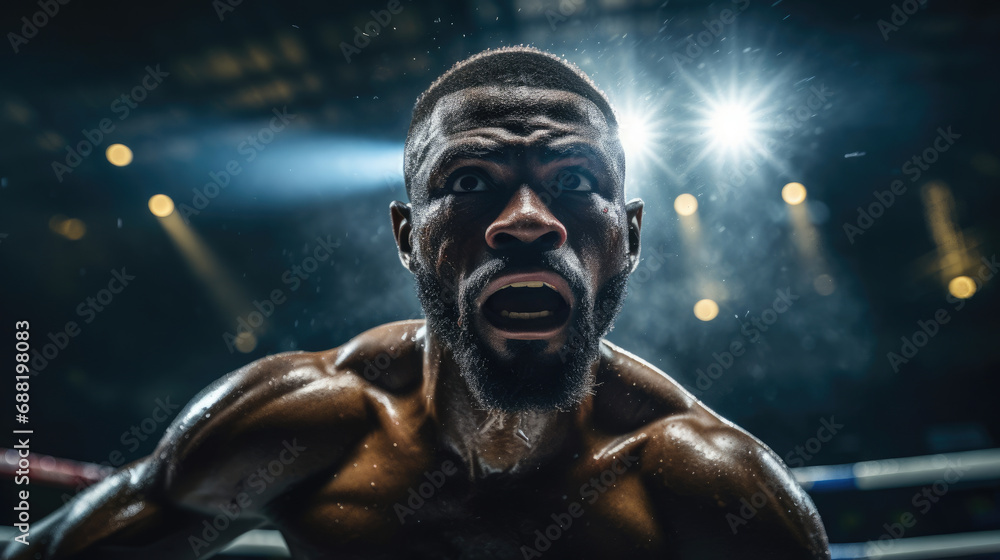 Determined boxer entering ring anticipation adrenaline canvas stage