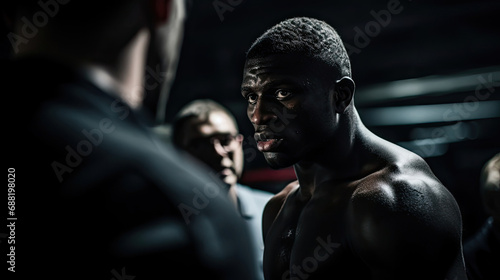 Cornerman advising boxer between rounds focused urgency