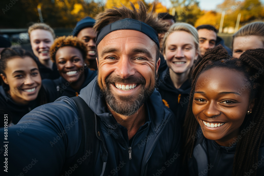 Cheerful coach takes a selfie with his students. The concept of sport, friendship and healthy lifestyle. Group of happy people taking selfie outdoors. Cheerful coach takes a selfie with his students. The concept of sport, friendship and healthy lifestyle. Group of happy people taking selfie outdoors.