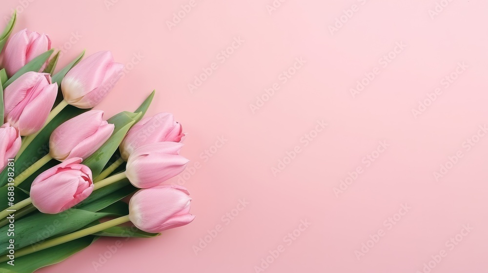 Spring tulip Flowers on pink background with copy space. Flat lay natural floral banner layout and text space. Romantic feminine composition. Wedding invitation. Happy Women, Mother Day, birthday