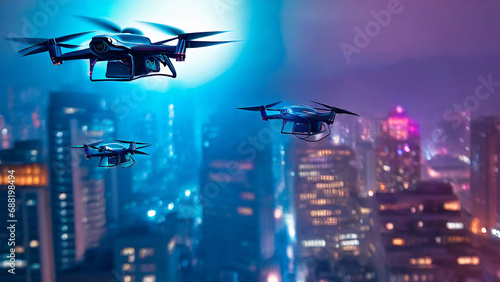 A city from above with vibrant blue colors, focusing on drones flying in the sky, which are modern unmanned aerial vehicles capturing images or footage of the urban landscape.