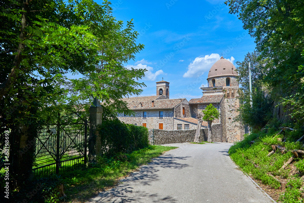Beautiful view of the church of San Nicola near Solferino, below the castle tower of La Rocca. Lombardy, Italy. Where the famous battle of Solferino took place in 1859.