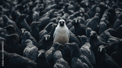A white crow among black crows. The concept of being different. Not like everyone else. Loneliness. Isolation, one amidst the crowd. photo