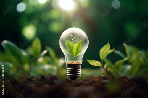 Light bulb with green leaf inside on beautiful green plant background, energy saving, green planet and recycling theme.generative ai