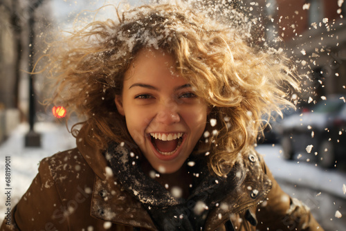 portrait of a beautiful happy woman enjoying winter season