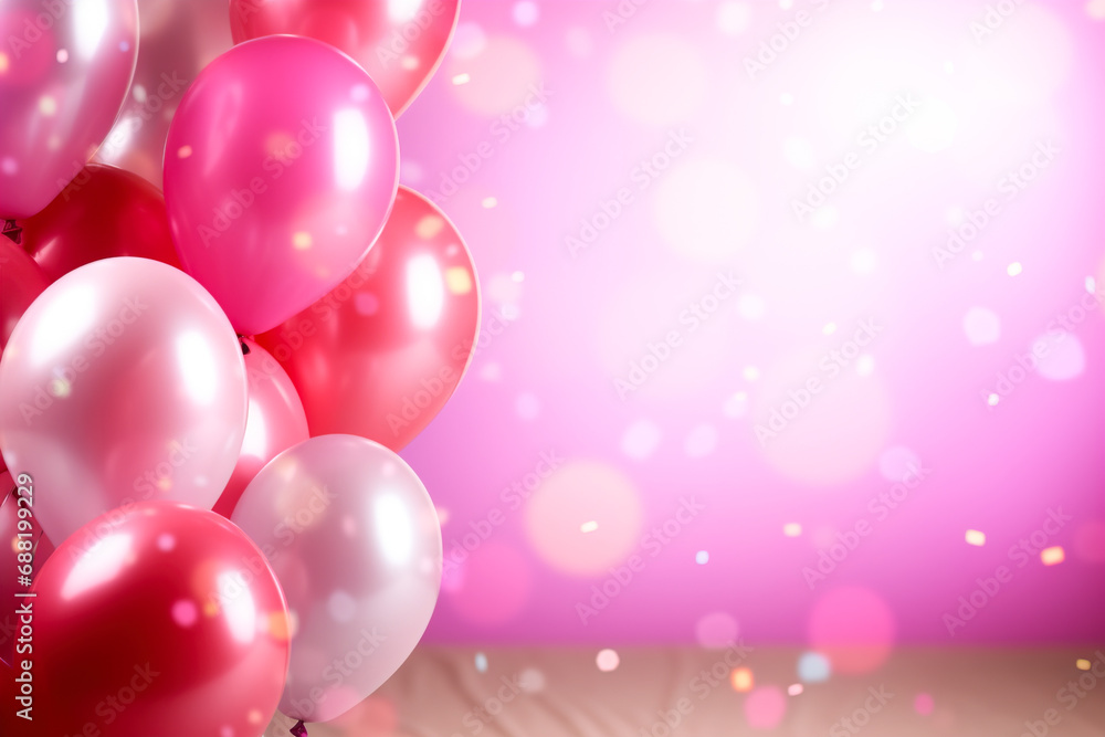 Wallpaper with bright colored party balloons on colorful background with bokeh.