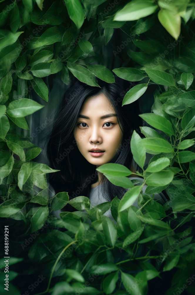 Asian woman model posing in green jungle leaves. Generative AI Asian woman model posing in green jungle leaves. Generative AI