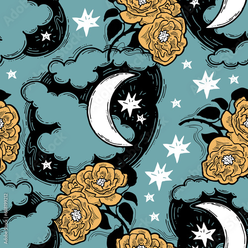 Starry night seamless pattern with moon  stars and clouds. Boho style decorative background for wallpaper  digital paper  wrapping design  fashion fabric  textile print. Hand drawn illustration.