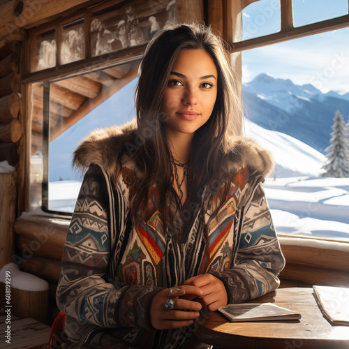 indian woman drinking coffee in a hut