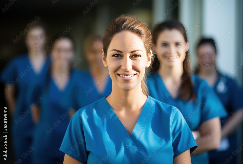 a female nurse is standing in front of a group of people, i a female nurse is standing in front of a group of people, i