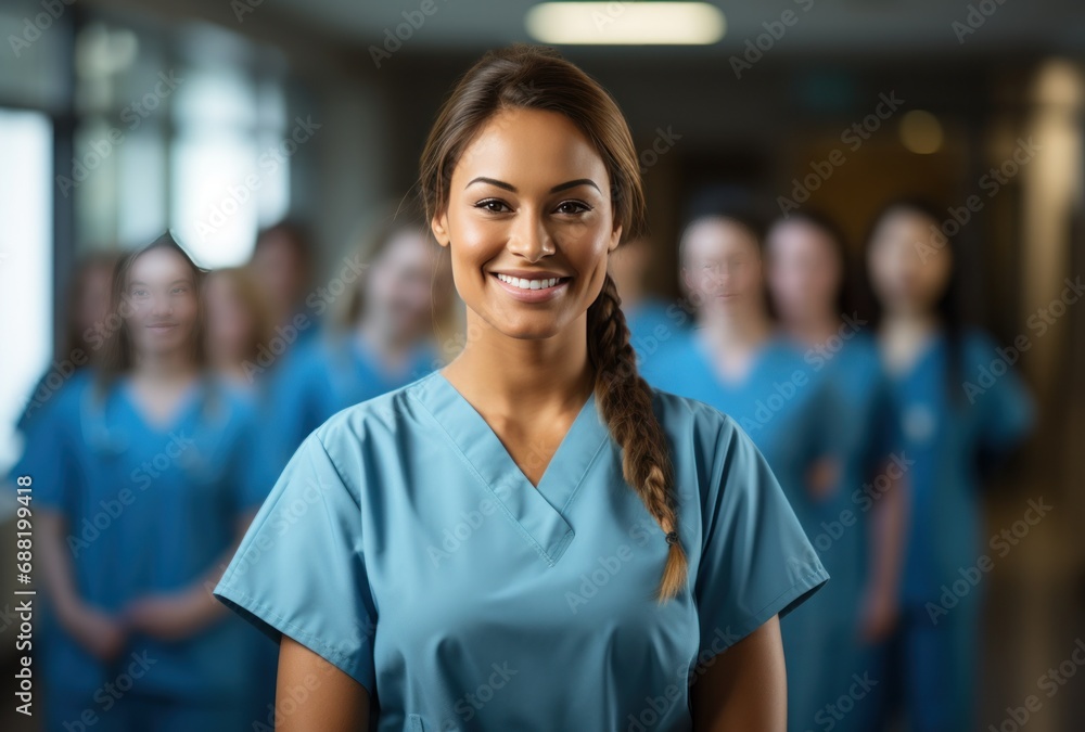 a female nurse is standing in front of a group of people, i a female nurse is standing in front of a group of people, i