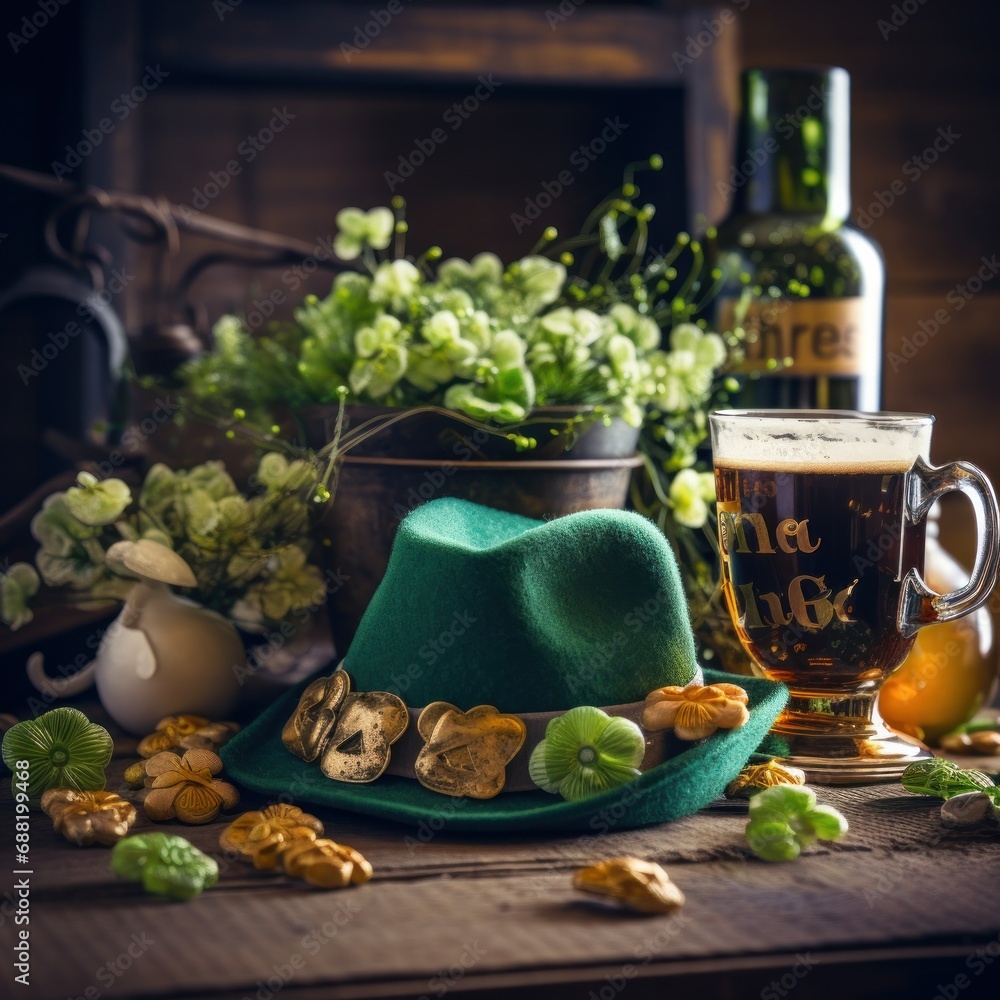A festive St. Patrick's Day scene with shamrocks, hats,