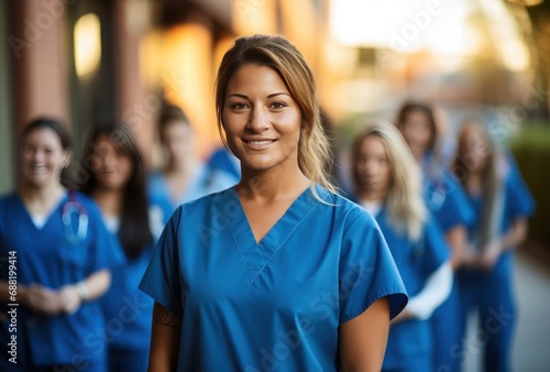 a female nurse is standing in front of a group of people, i
