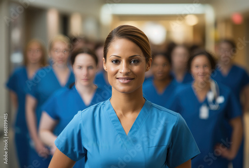 a female nurse is standing in front of a group of people, i