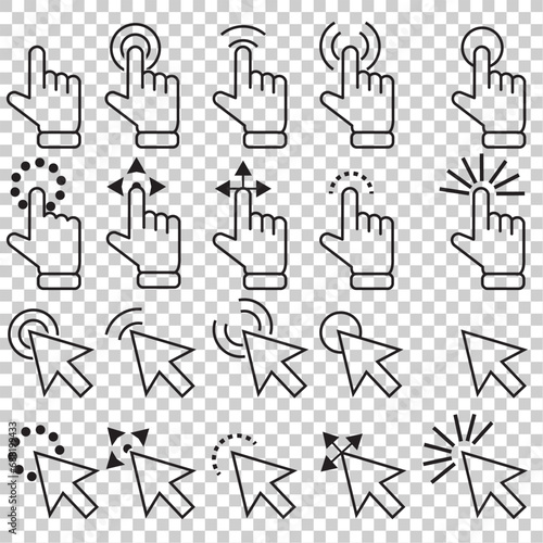 pointer click icon set of 20.Computer mouse click cursor. Load symbol. Pointer cursor and loading icon. Cursors icons click set. Clicking cursor, pointing hand clicks icons. photo