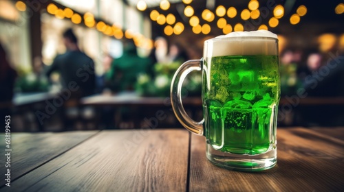 A festive St. Patrick's Day image with a green beer mug and a shamrock on a w...