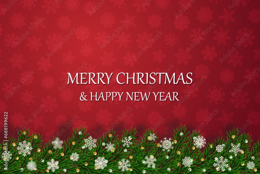 Fototapeta premium Christmas banners with decorated branches. With snow on a red background. Festive header design. Concept for holiday, winter holidays, New Year, Christmas