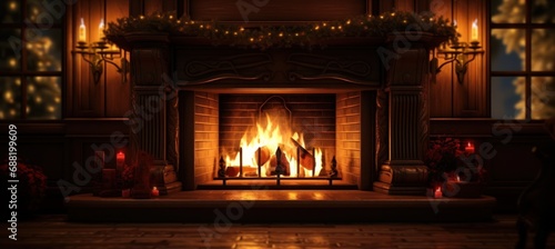 a fireplace with two fir trees and candle lit in front of the fireplace,