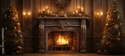 a fireplace with two fir trees and candle lit in front of the fireplace,