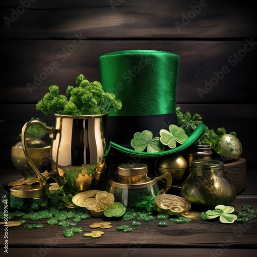 A fun St. Patrick's Day image with a green top hat, shamrocks,