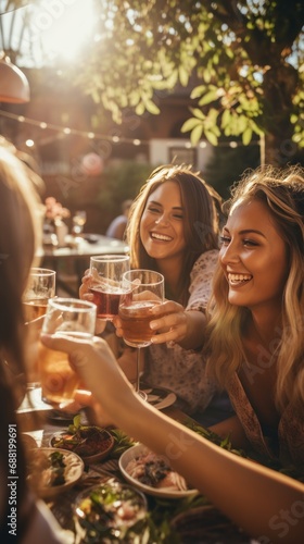 A group of friends cheers to warmer weather and good times in a festive outdo...