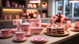 A kitchen decorated with heart-shaped cookie cutters, red and pink utensils,