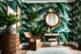 A tropical-inspired foyer with palm frond wallpaper, a statement wicker chair, and an oversized mirror reflecting coastal charm