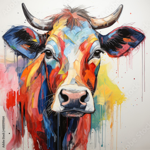 Whimsical Bovine Reverie: Dadaistic Splendor in Colorful Palette. Generative AI photo