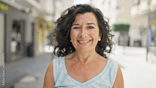 Middle age hispanic woman smiling confident standing at street Free Download Middle age hispanic woman smiling confident standing at street - GFXLoad