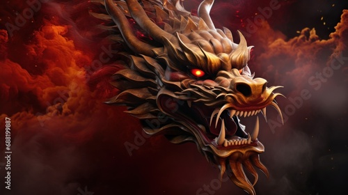 A majestic Chinese dragon with golden scales and fierce eyes,
