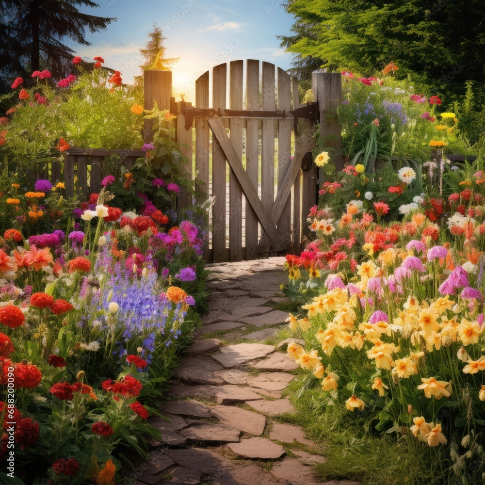 A picturesque spring garden with a rustic wooden gate and a variety of colorful flowers,