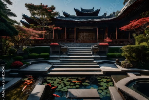 The grand entry of an Asian-inspired mansion with a koi pond, stone pathway, and intricate wooden lattice work photo
