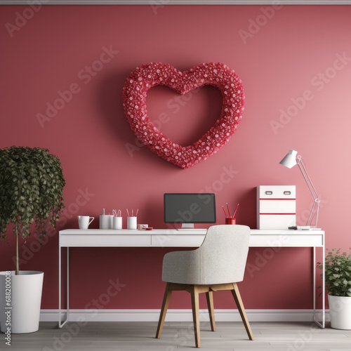 A minimalist office with a heart-shaped wreath and red and pink stationery pr...