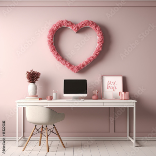 A minimalist office with a heart-shaped wreath and red and pink stationery pr...