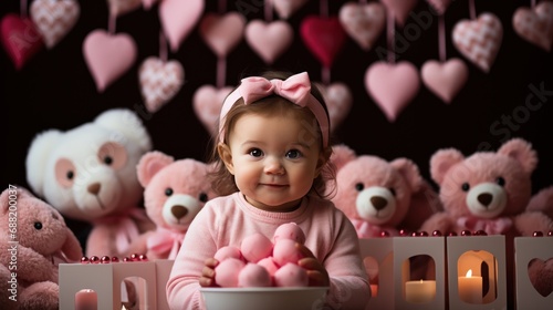 A nursery decorated with heart-shaped mobiles, blankets,