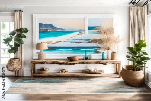 A coastal-inspired entry with a driftwood console table, framed beach landscapes, and a sandy-hued rug reminiscent of a boardwalk