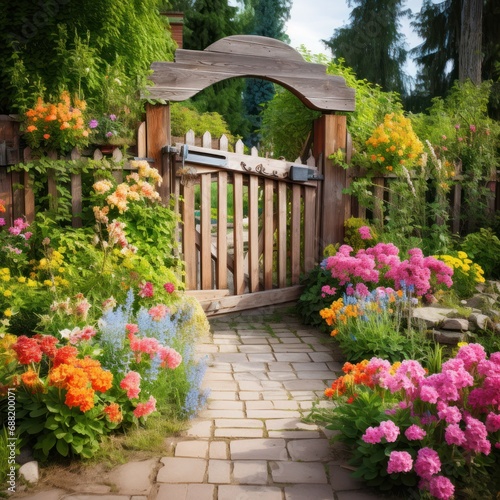 A picturesque spring garden with a rustic wooden gate and a variety of colorf...