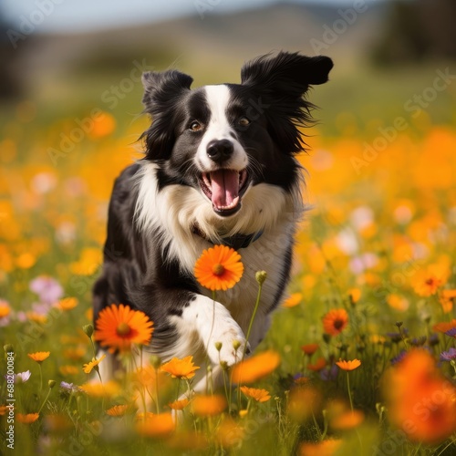 Border Collie s Frisbee Fetch in a Wildflower Field Through a Telephoto Lens